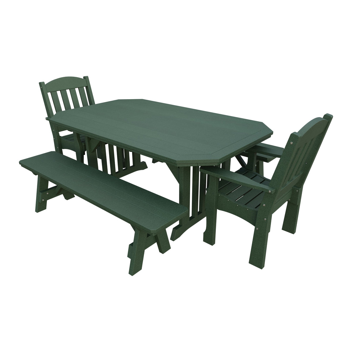 Amish Spanish Garden 5-Piece Patio Dining Set: Table, 2 Armchairs & 2 Benches in Turf Green