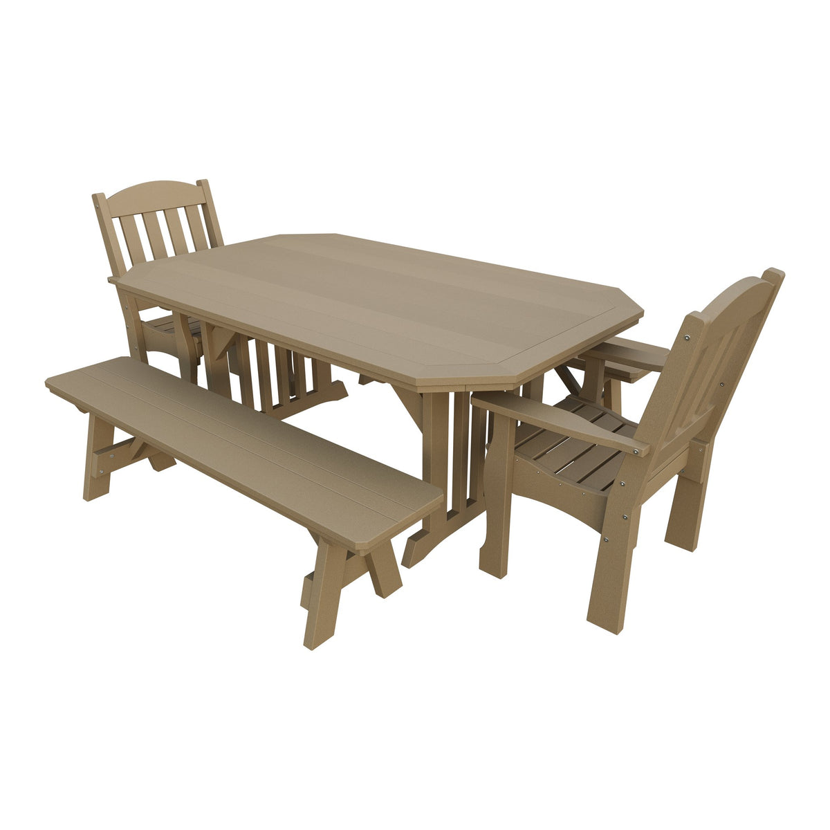 Amish Spanish Garden 5-Piece Patio Dining Set: Table, 2 Armchairs & 2 Benches in Weathered Wood