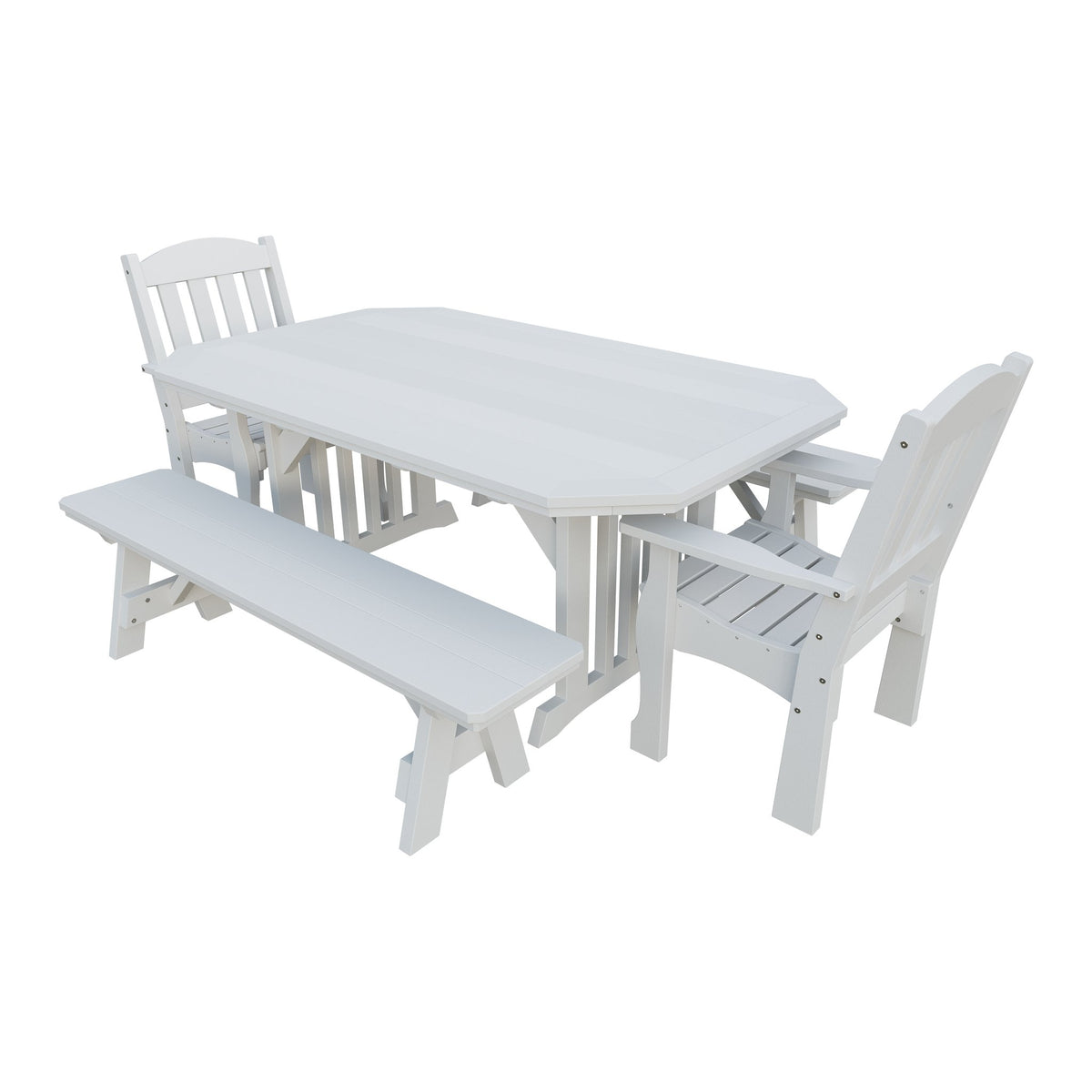 Amish Spanish Garden 5-Piece Patio Dining Set: Table, 2 Armchairs & 2 Benches in Bright White