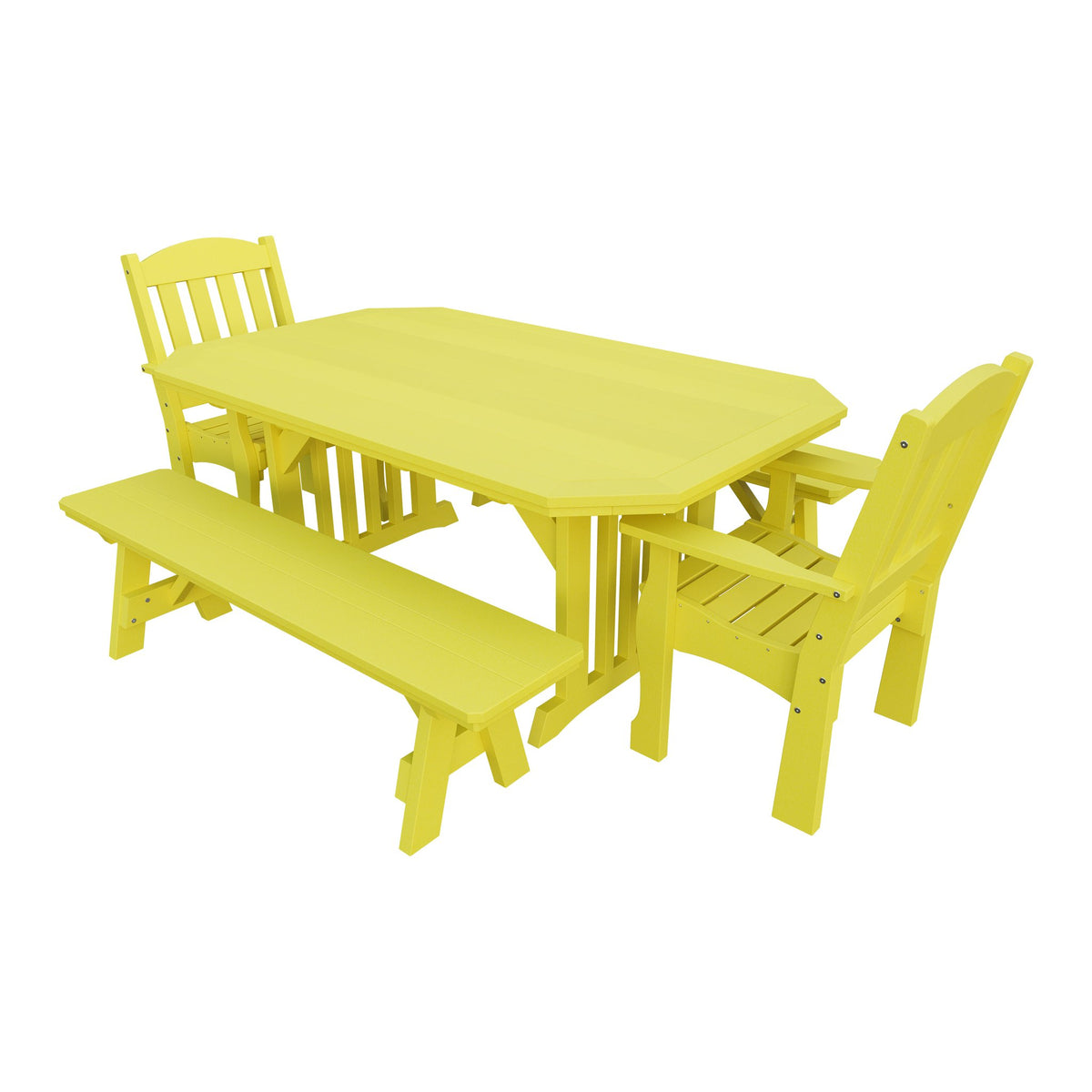 Amish Spanish Garden 5-Piece Patio Dining Set: Table, 2 Armchairs & 2 Benches in Lemon Yellow