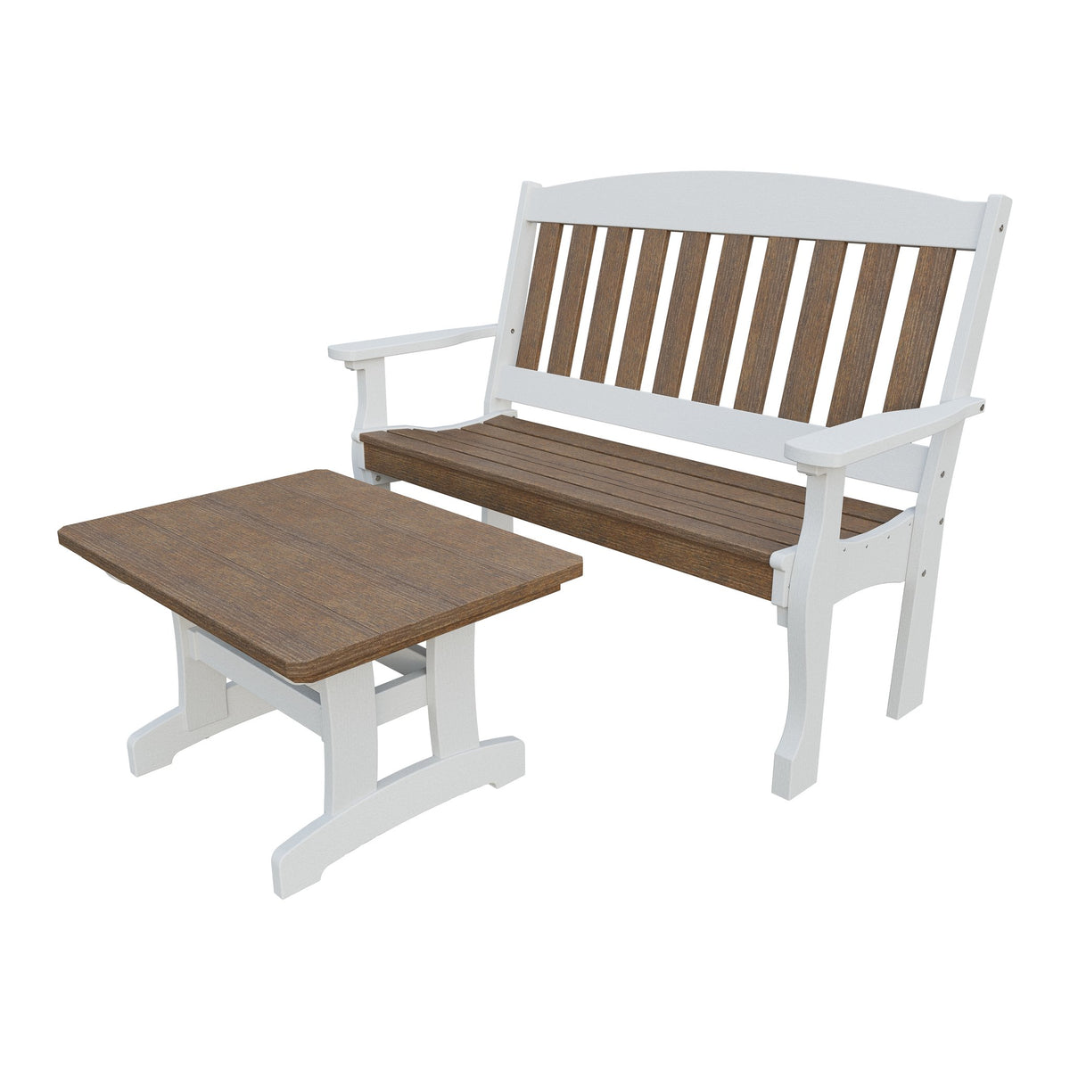Amish Spanish Garden 2-Piece Bench Set with Rectangle Coffee Table in Antique Mahogany & White