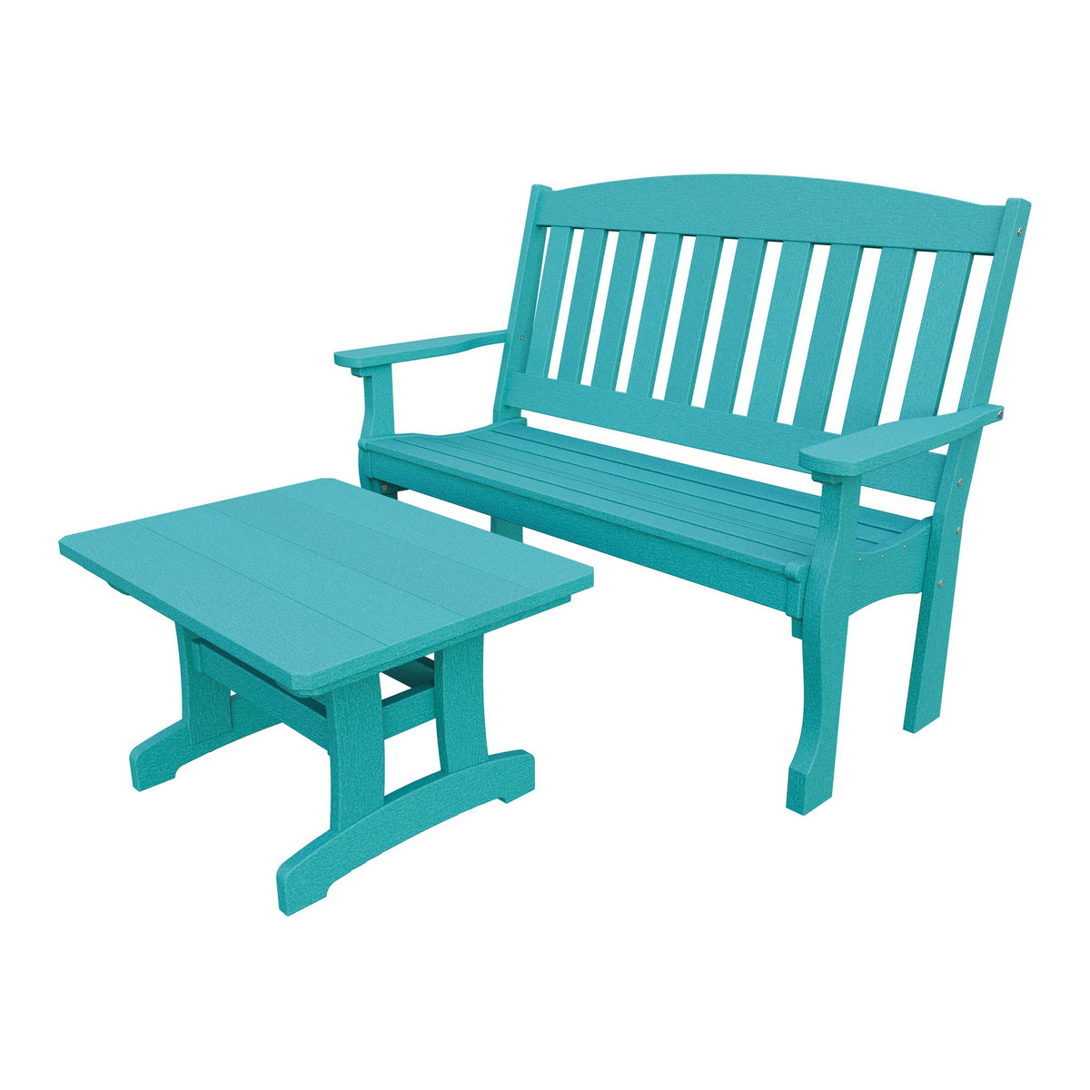 Amish Spanish Garden 2-Piece Bench Set with Rectangle Coffee Table in Aruba Blue
