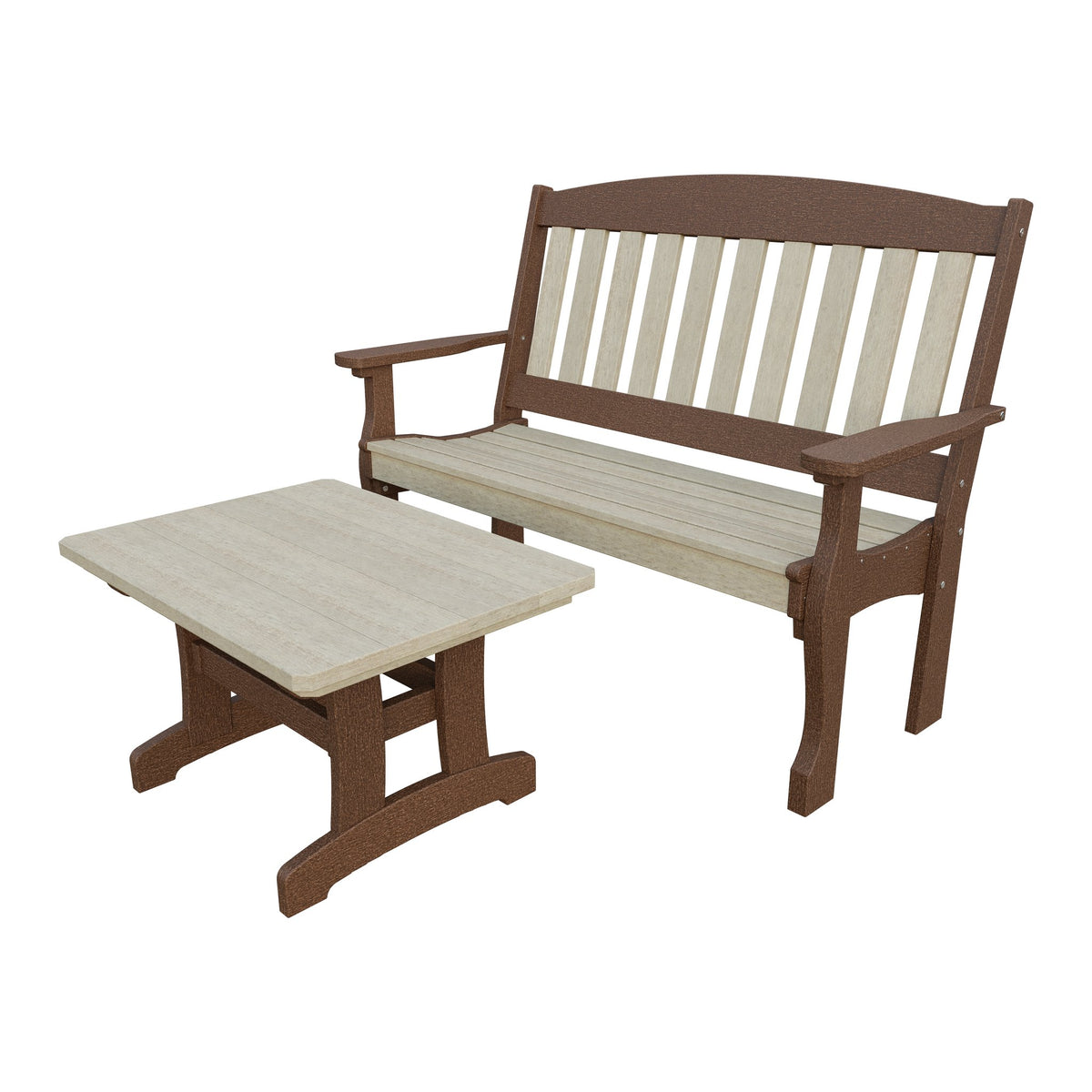 Amish Spanish Garden 2-Piece Bench Set with Rectangle Coffee Table in Birchwood & Tudor Brown