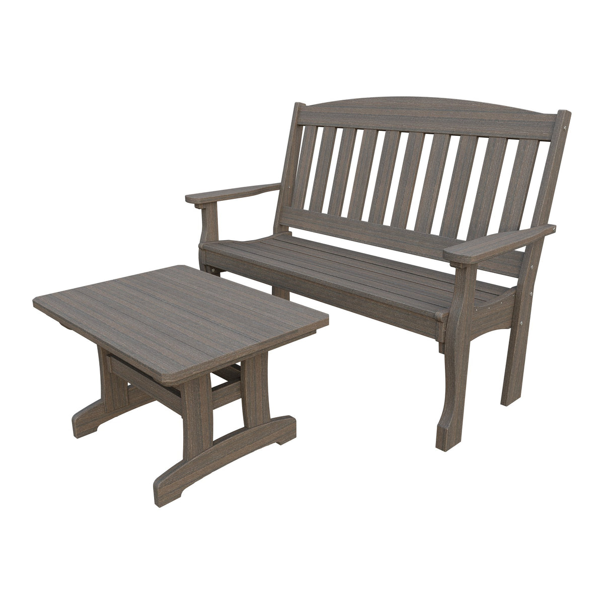 Amish Spanish Garden 2-Piece Bench Set with Rectangle Coffee Table in Brazilian Walnut