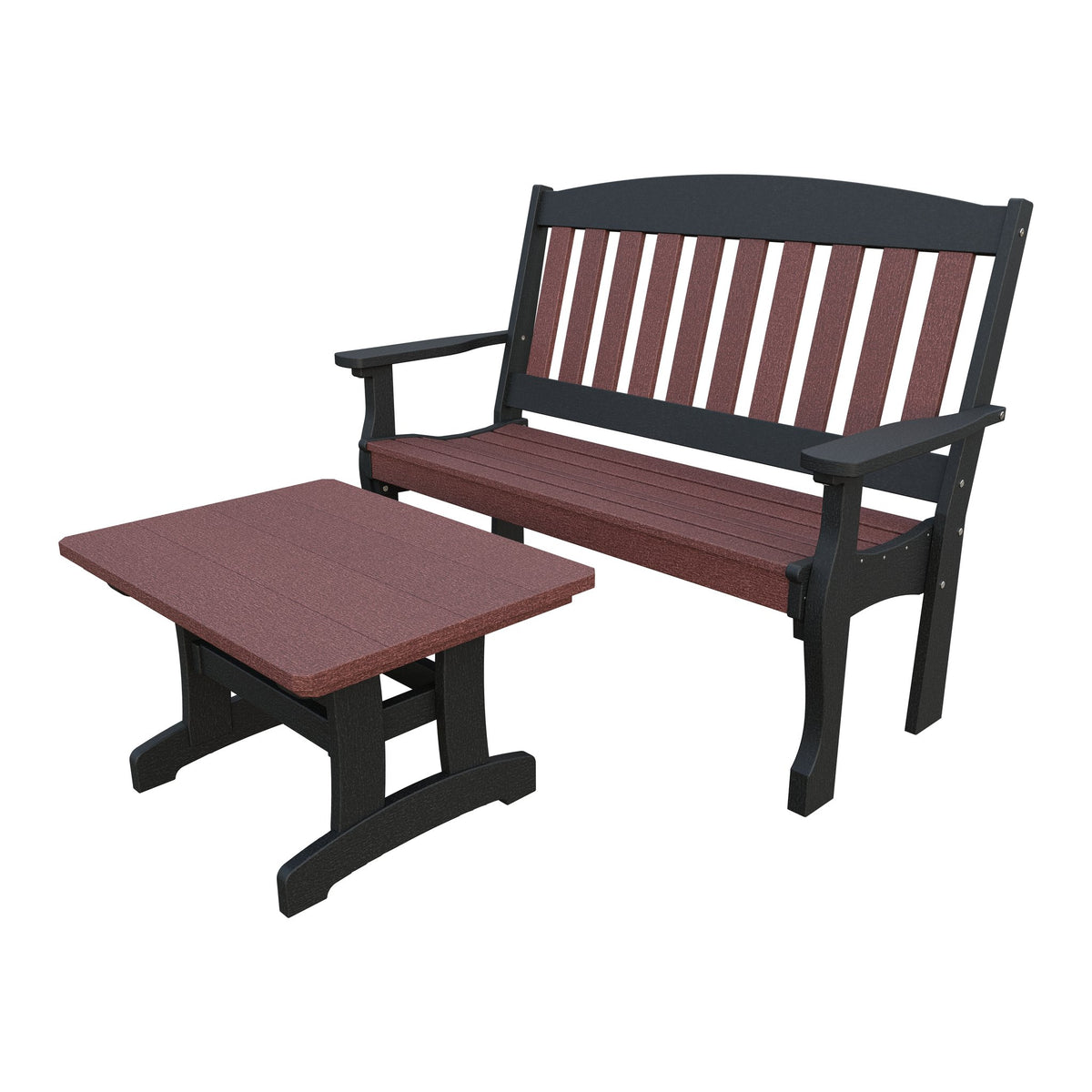 Amish Spanish Garden 2-Piece Bench Set with Rectangle Coffee Table in Cherrywood & Black