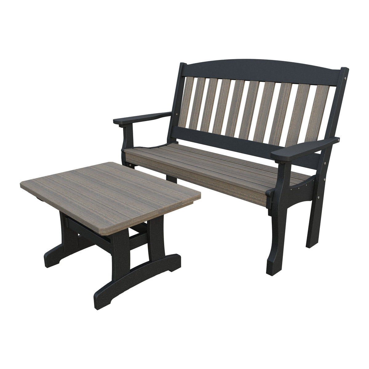 Amish Spanish Garden 2-Piece Bench Set with Rectangle Coffee Table in Coastal Gray & Black