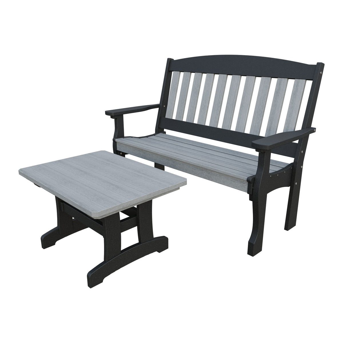 Amish Spanish Garden 2-Piece Bench Set with Rectangle Coffee Table in Driftwood Gray & Black