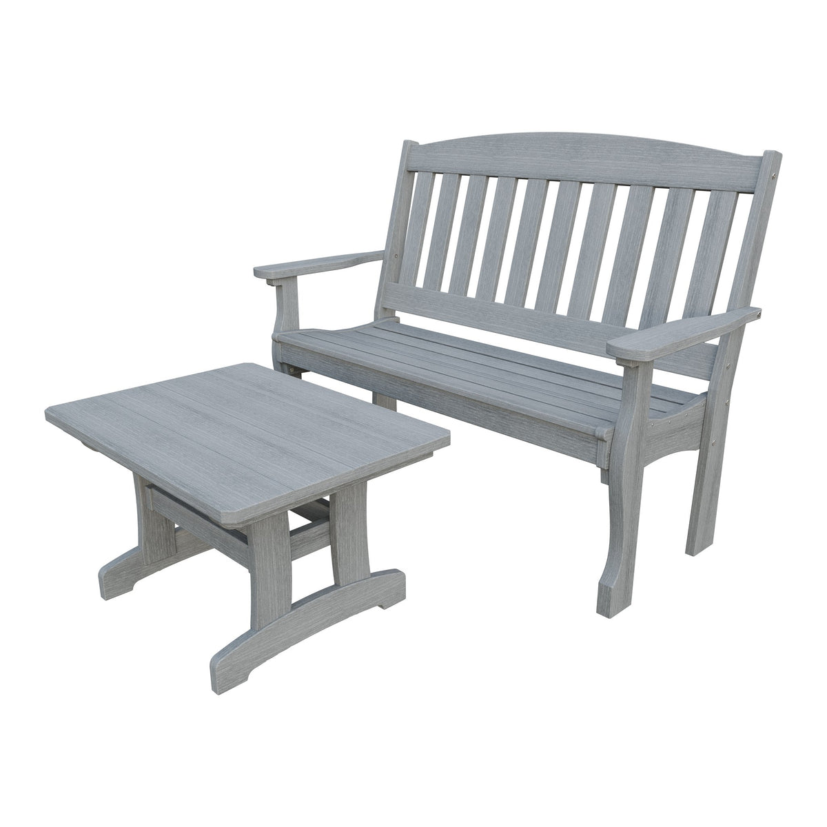 Amish Spanish Garden 2-Piece Bench Set with Rectangle Coffee Table in Driftwood Gray