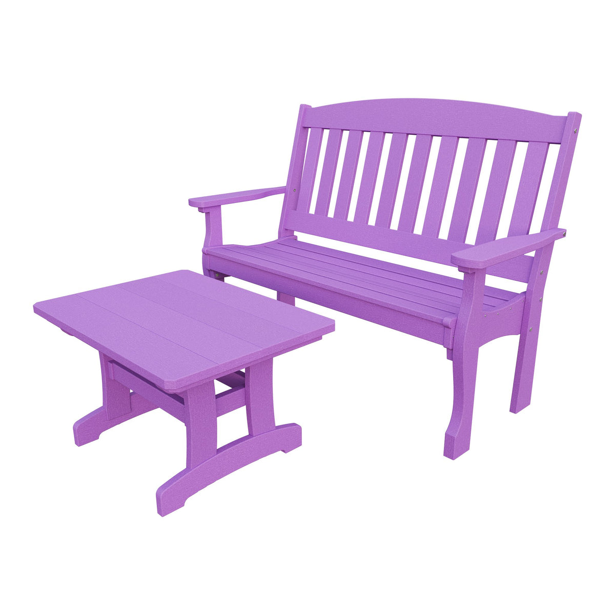 Amish Spanish Garden 2-Piece Bench Set with Rectangle Coffee Table in Bright Purple