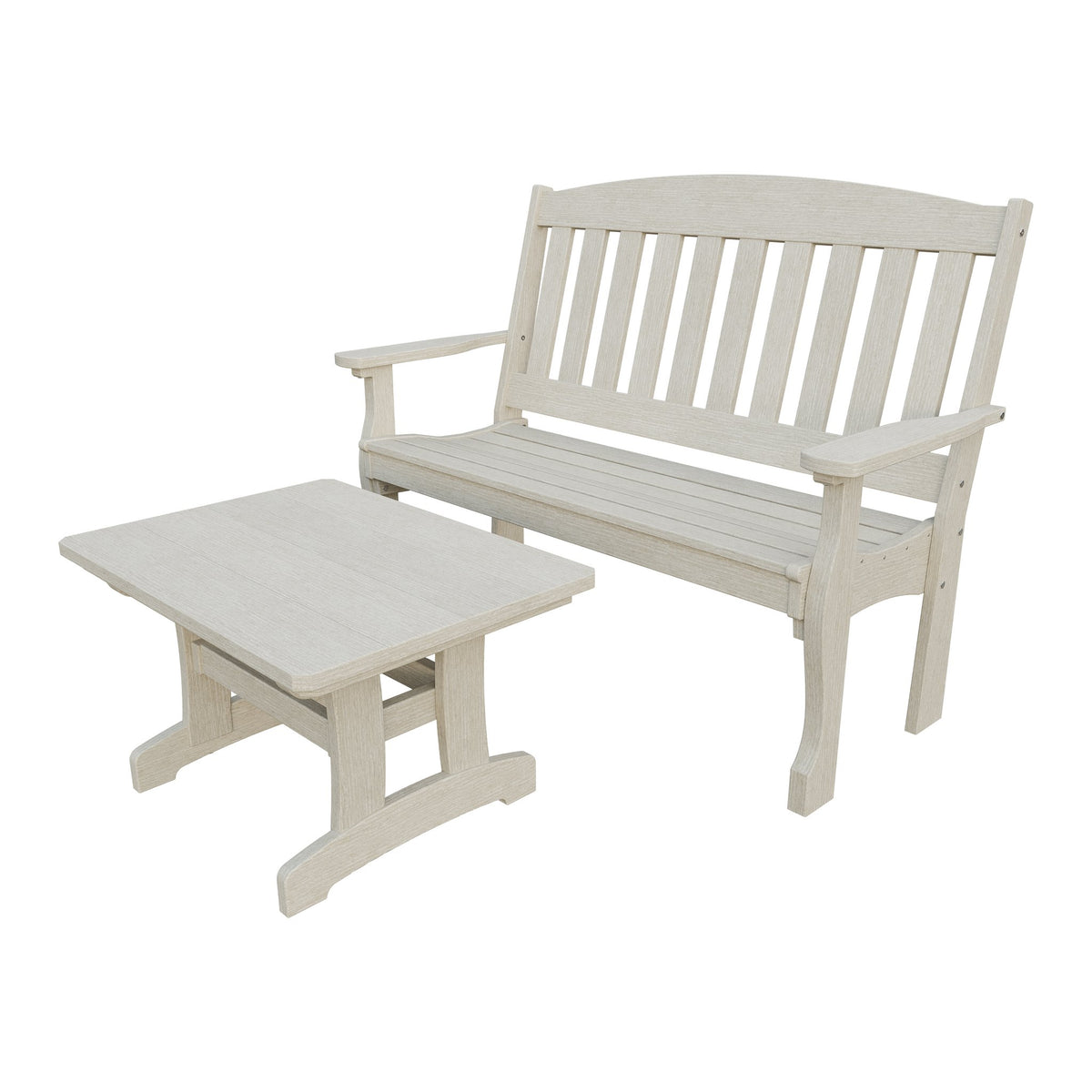 Amish Spanish Garden 2-Piece Bench Set with Rectangle Coffee Table in Seashell