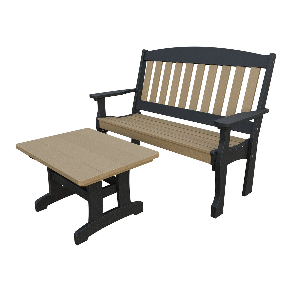 Amish Spanish Garden 2-Piece Bench Set with Rectangle Coffee Table in Weathered Wood & Black