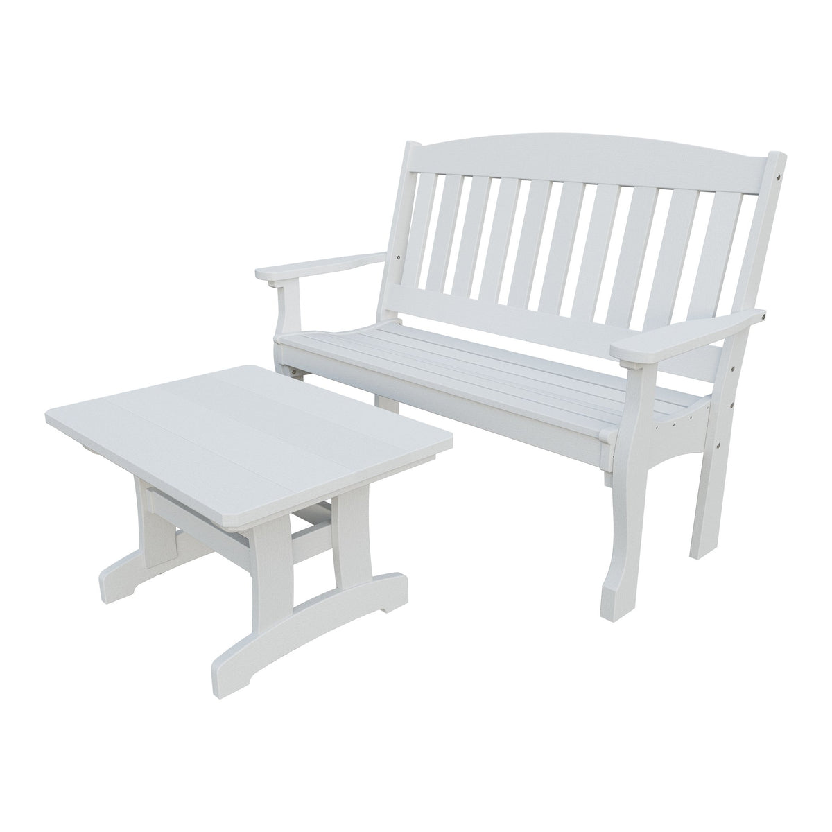Amish Spanish Garden 2-Piece Bench Set with Rectangle Coffee Table in Bright White