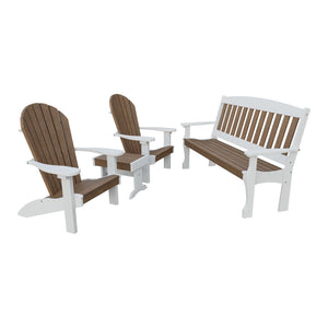 Amish Spanish Garden 4pc Patio Set: 5' Bench, 2 Adirondack Chairs & End Table in Antique Mahogany & White