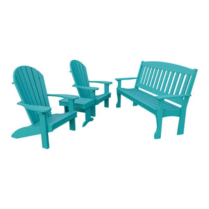 Amish Spanish Garden 4pc Patio Set: 5' Bench, 2 Adirondack Chairs & End Table in Aruba Blue