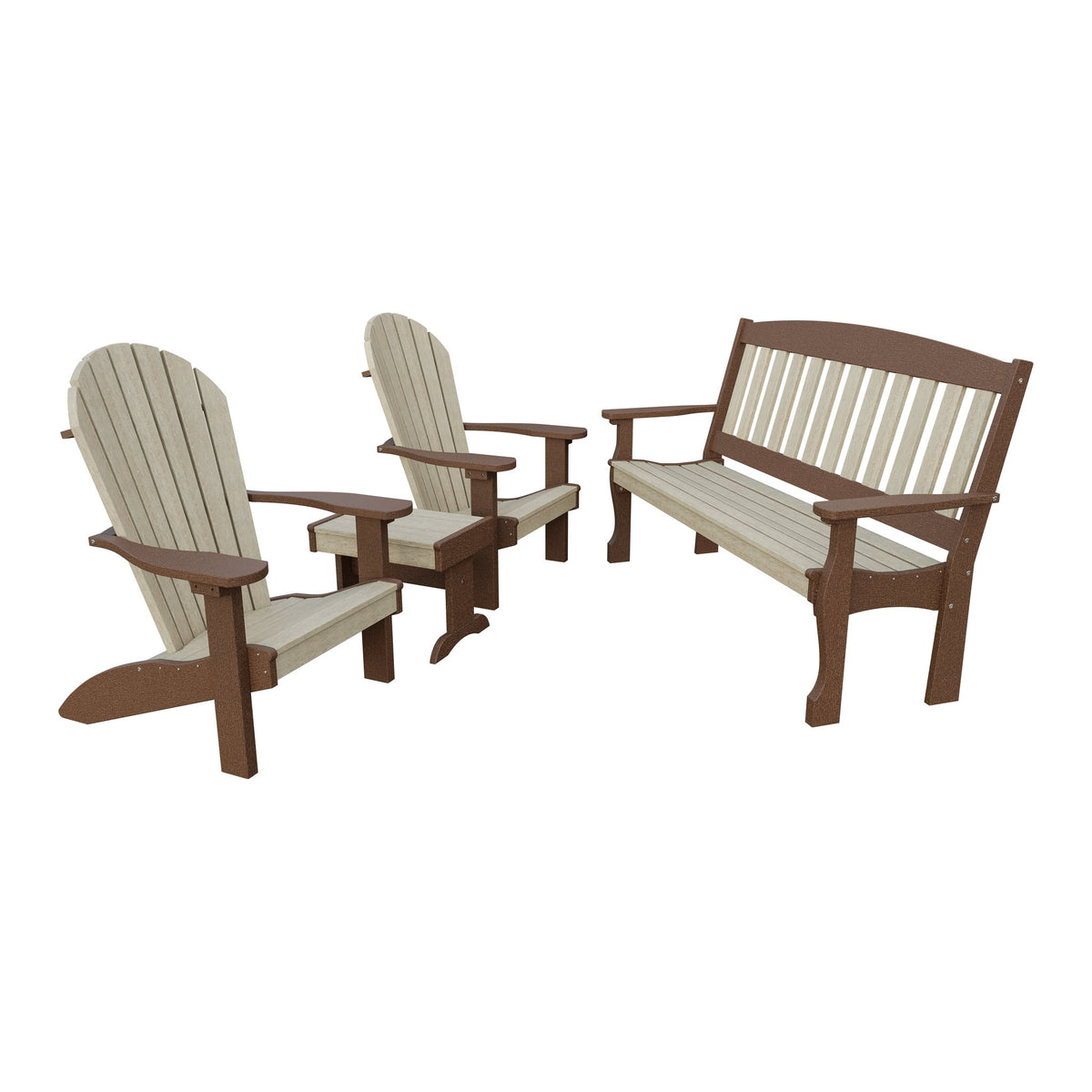 Amish Spanish Garden 4pc Patio Set: 5' Bench, 2 Adirondack Chairs & End Table in Birchwood & Tudor Brown