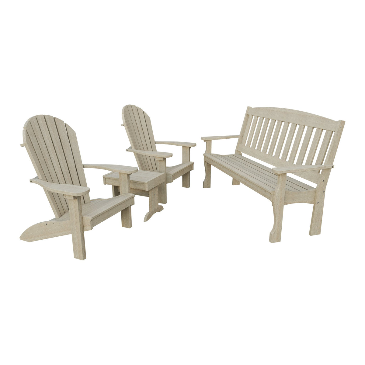 Amish Spanish Garden 4pc Patio Set: 5' Bench, 2 Adirondack Chairs & End Table in Birchwood
