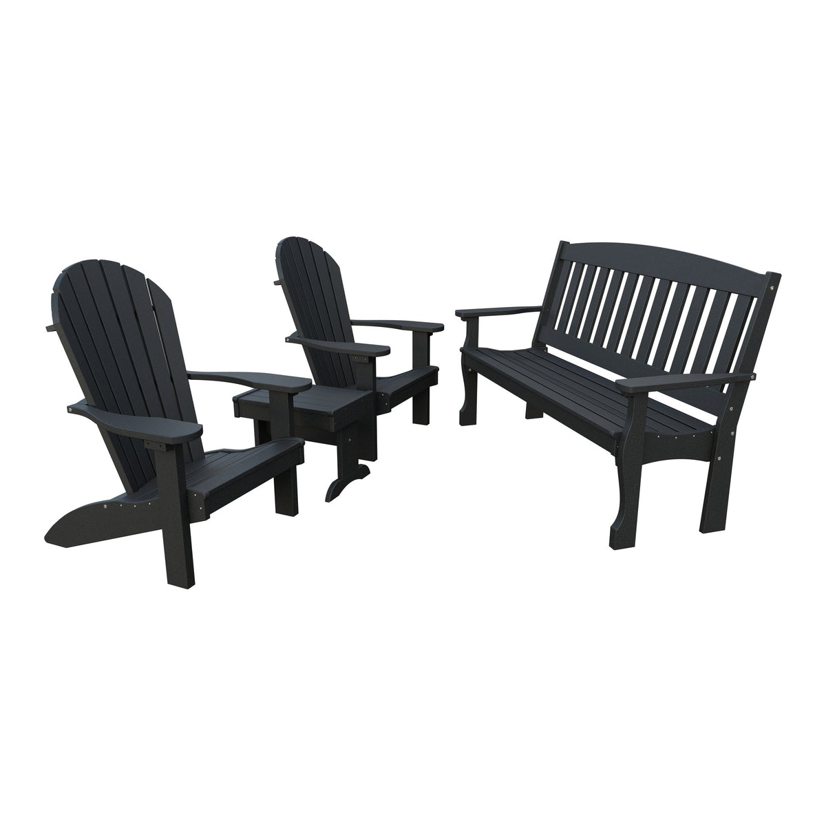 Amish Spanish Garden 4pc Patio Set: 5' Bench, 2 Adirondack Chairs & End Table in Black