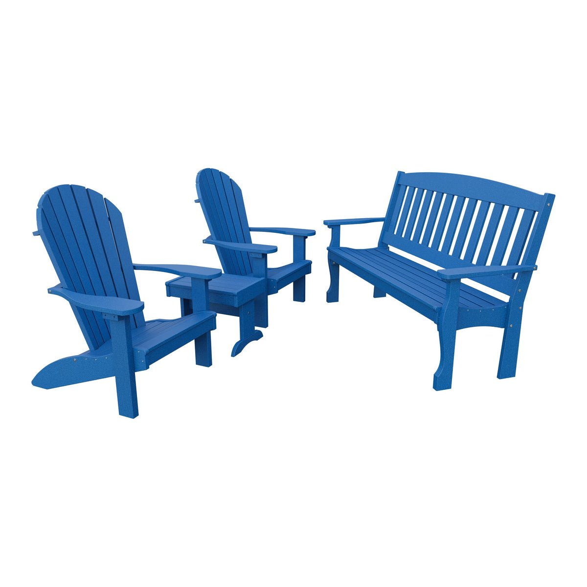 Amish Spanish Garden 4pc Patio Set: 5' Bench, 2 Adirondack Chairs & End Table in Blue