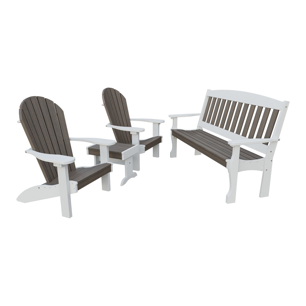 Amish Spanish Garden 4pc Patio Set: 5' Bench, 2 Adirondack Chairs & End Table in Brazilian Walnut & White