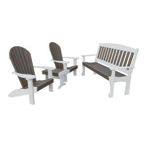 Amish Spanish Garden 4pc Patio Set: 5' Bench, 2 Adirondack Chairs & End Table in Brazilian Walnut & White