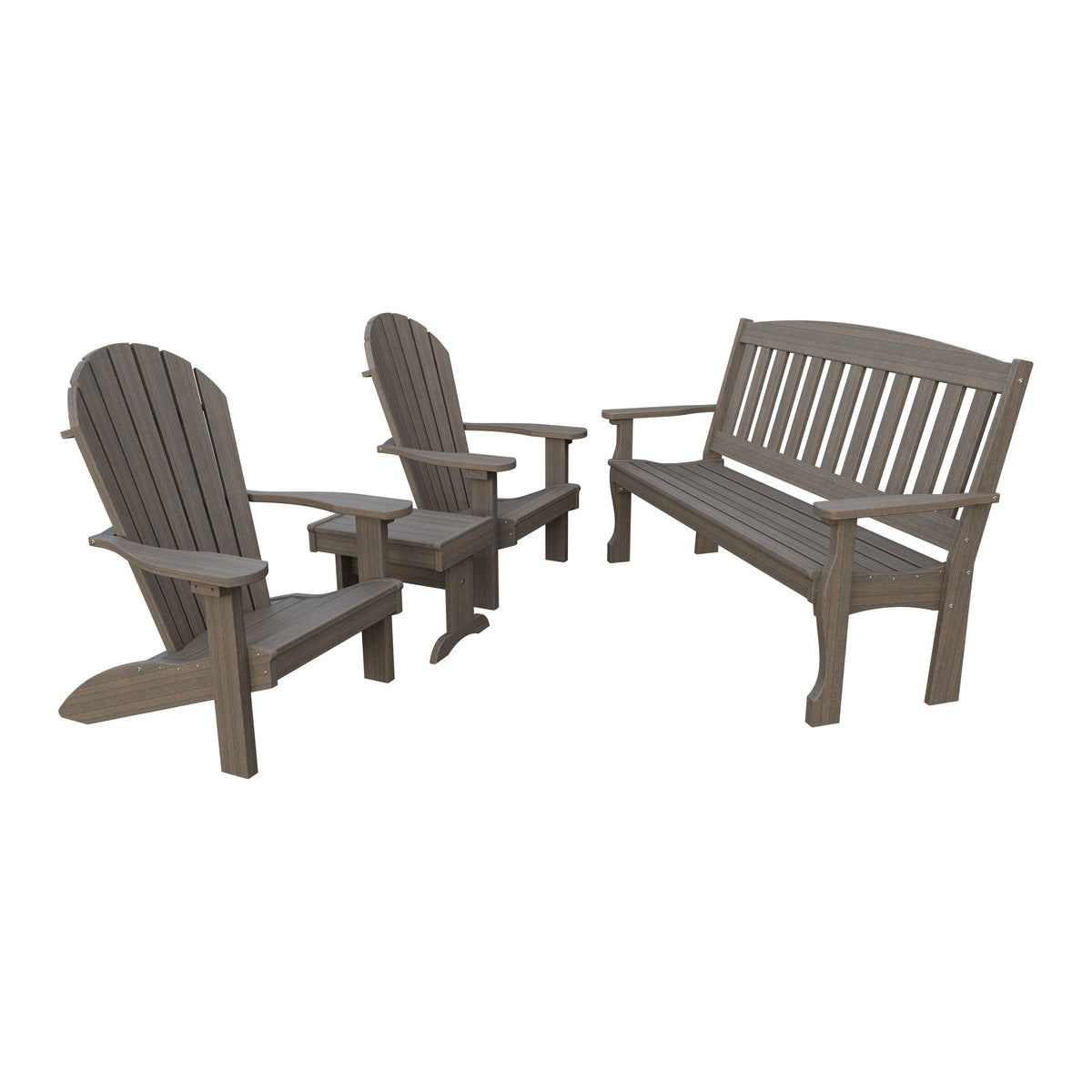 Amish Spanish Garden 4pc Patio Set: 5' Bench, 2 Adirondack Chairs & End Table in Brazilian Walnut