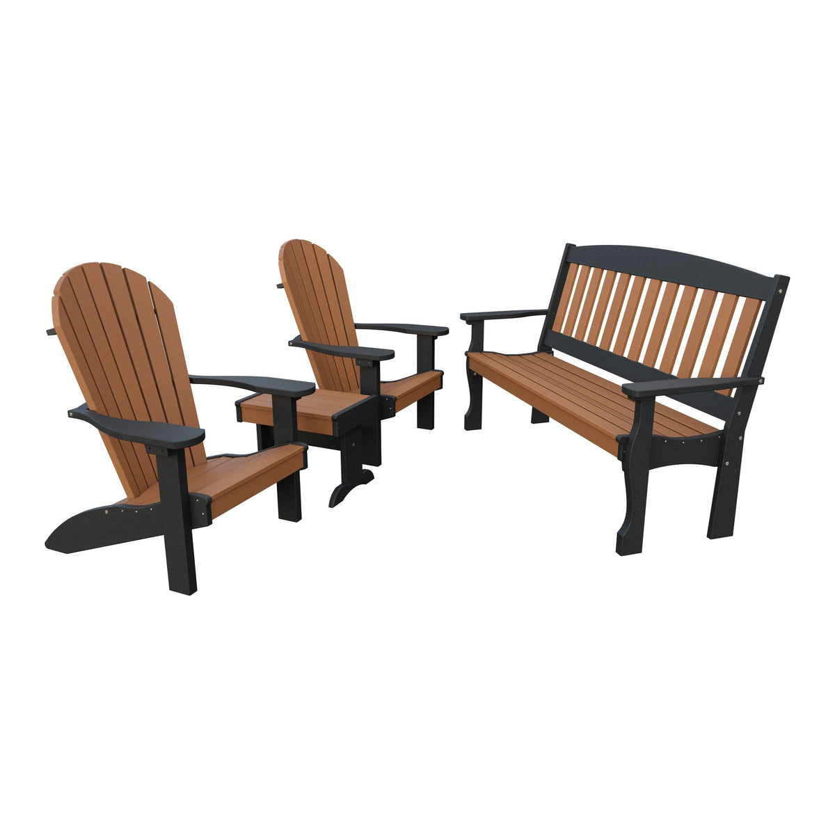Amish Spanish Garden 4pc Patio Set: 5' Bench, 2 Adirondack Chairs & End Table in Cedar & Black