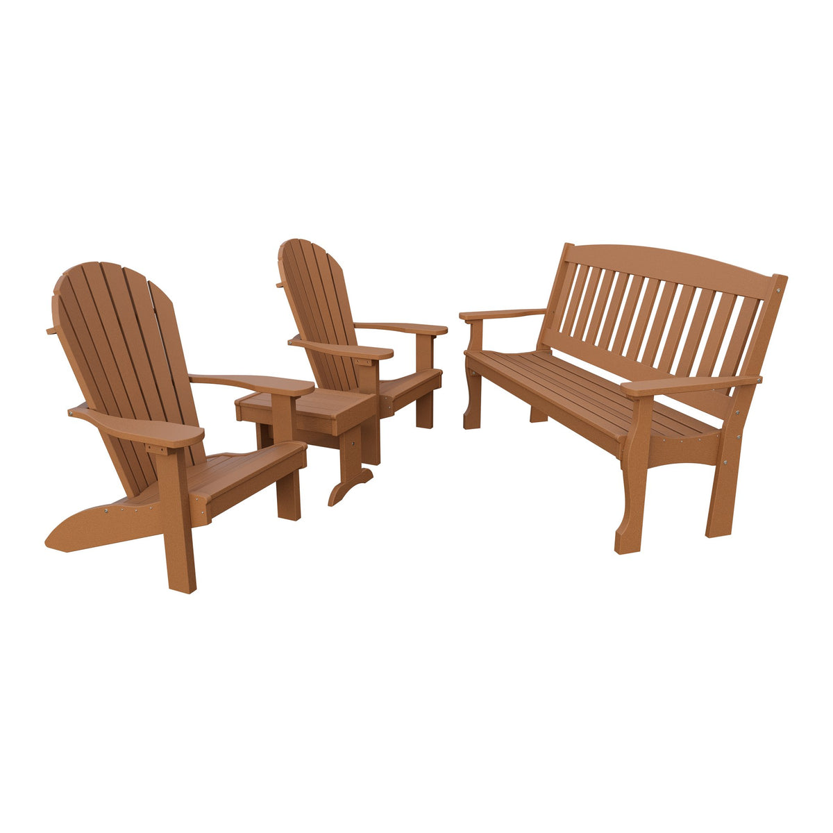 Amish Spanish Garden 4pc Patio Set: 5' Bench, 2 Adirondack Chairs & End Table in Cedar