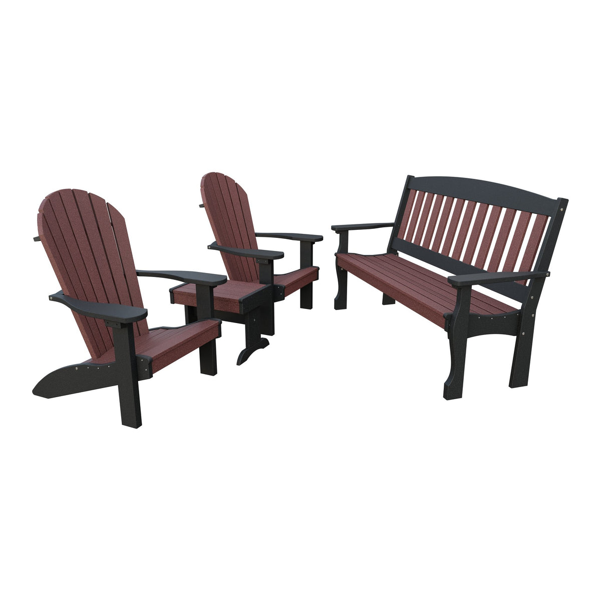 Amish Spanish Garden 4pc Patio Set: 5' Bench, 2 Adirondack Chairs & End Table in Cherrywood & Black
