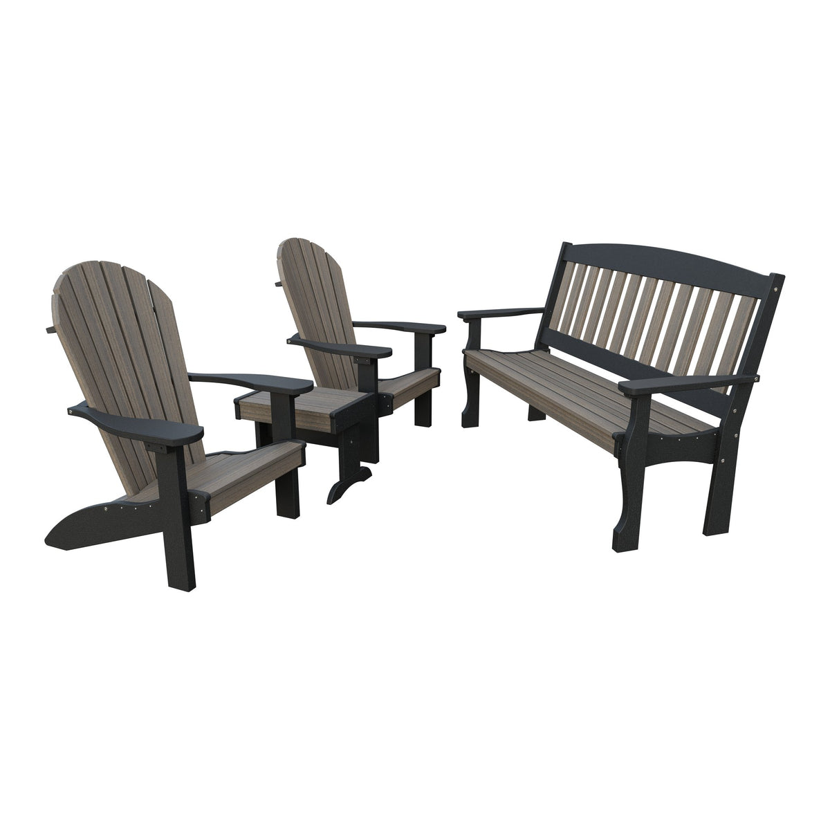 Amish Spanish Garden 4pc Patio Set: 5' Bench, 2 Adirondack Chairs & End Table in Coastal Gray & Black
