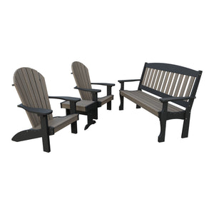 Amish Spanish Garden 4pc Patio Set: 5' Bench, 2 Adirondack Chairs & End Table in Coastal Gray & Black