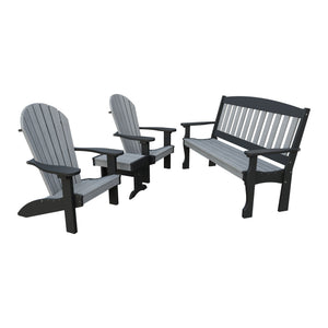 Amish Spanish Garden 4pc Patio Set: 5' Bench, 2 Adirondack Chairs & End Table in Driftwood Gray & Black