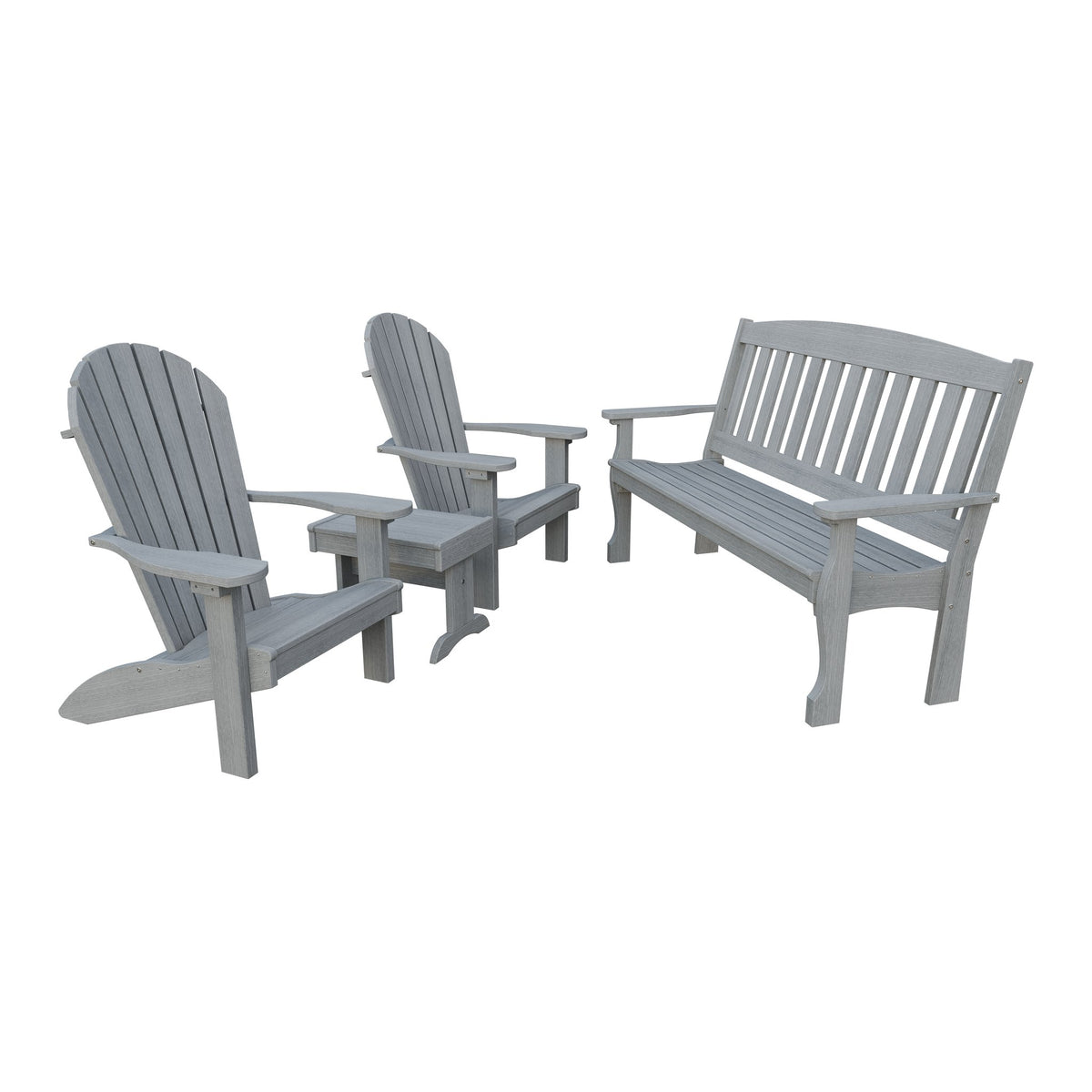 Amish Spanish Garden 4pc Patio Set: 5' Bench, 2 Adirondack Chairs & End Table in Driftwood Gray