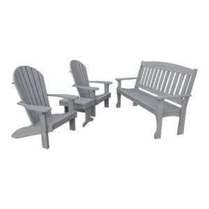 Amish Spanish Garden 4pc Patio Set: 5' Bench, 2 Adirondack Chairs & End Table in Driftwood Gray