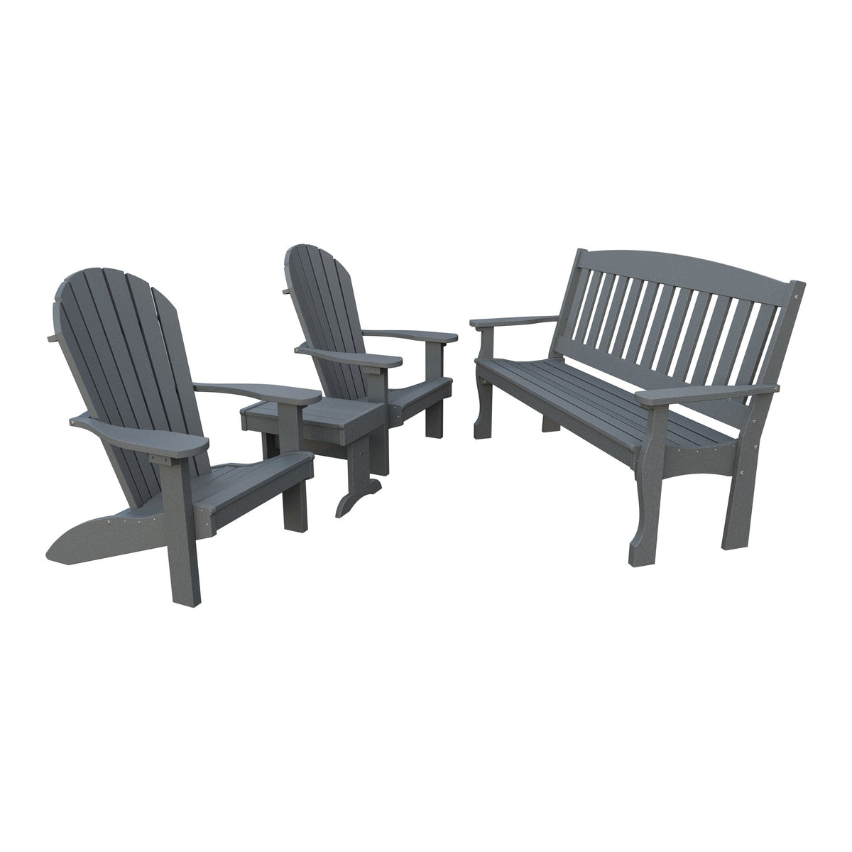 Amish Spanish Garden 4pc Patio Set: 5' Bench, 2 Adirondack Chairs & End Table in Gray
