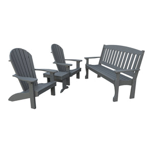 Amish Spanish Garden 4pc Patio Set: 5' Bench, 2 Adirondack Chairs & End Table in Gray