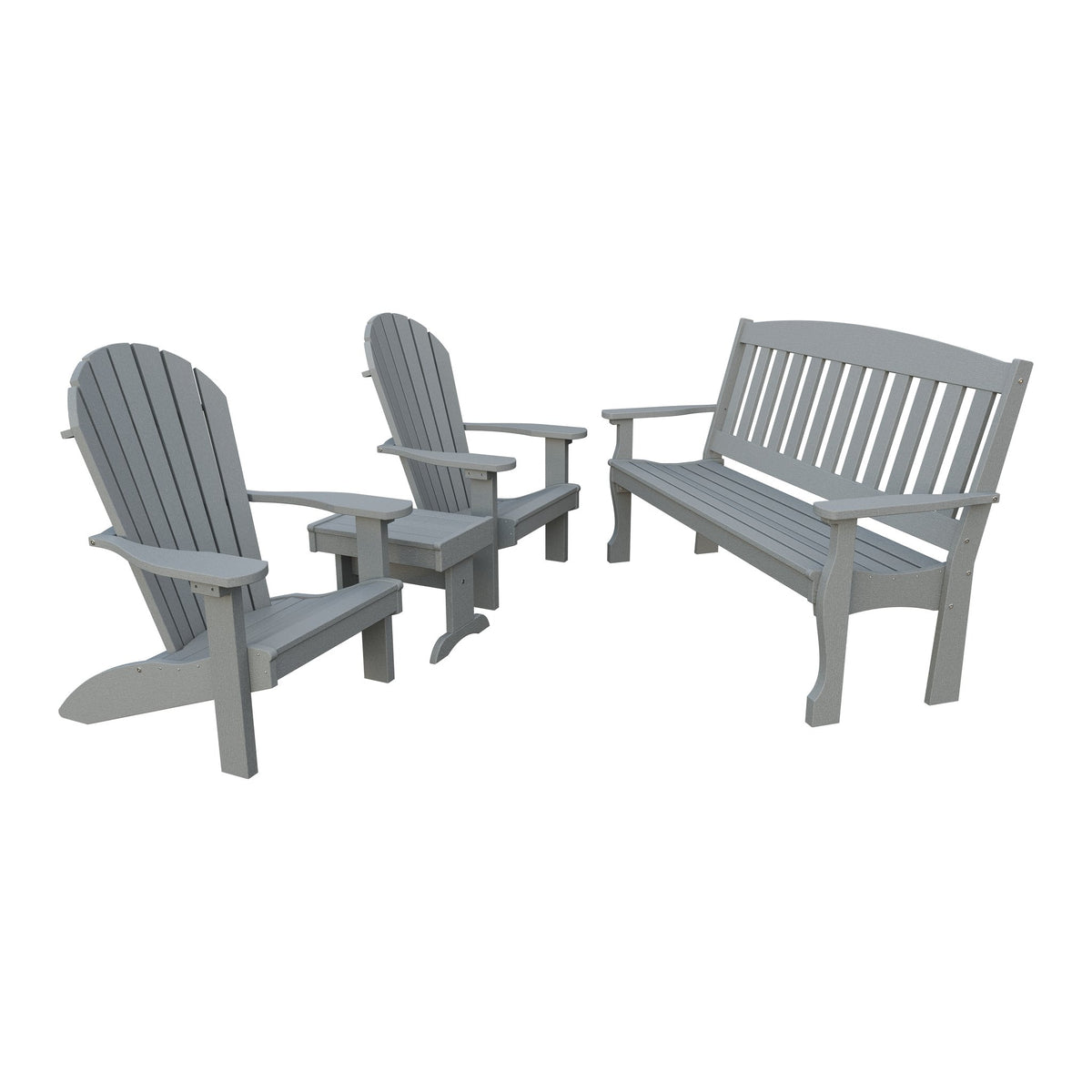 Amish Spanish Garden 4pc Patio Set: 5' Bench, 2 Adirondack Chairs & End Table in Light Gray