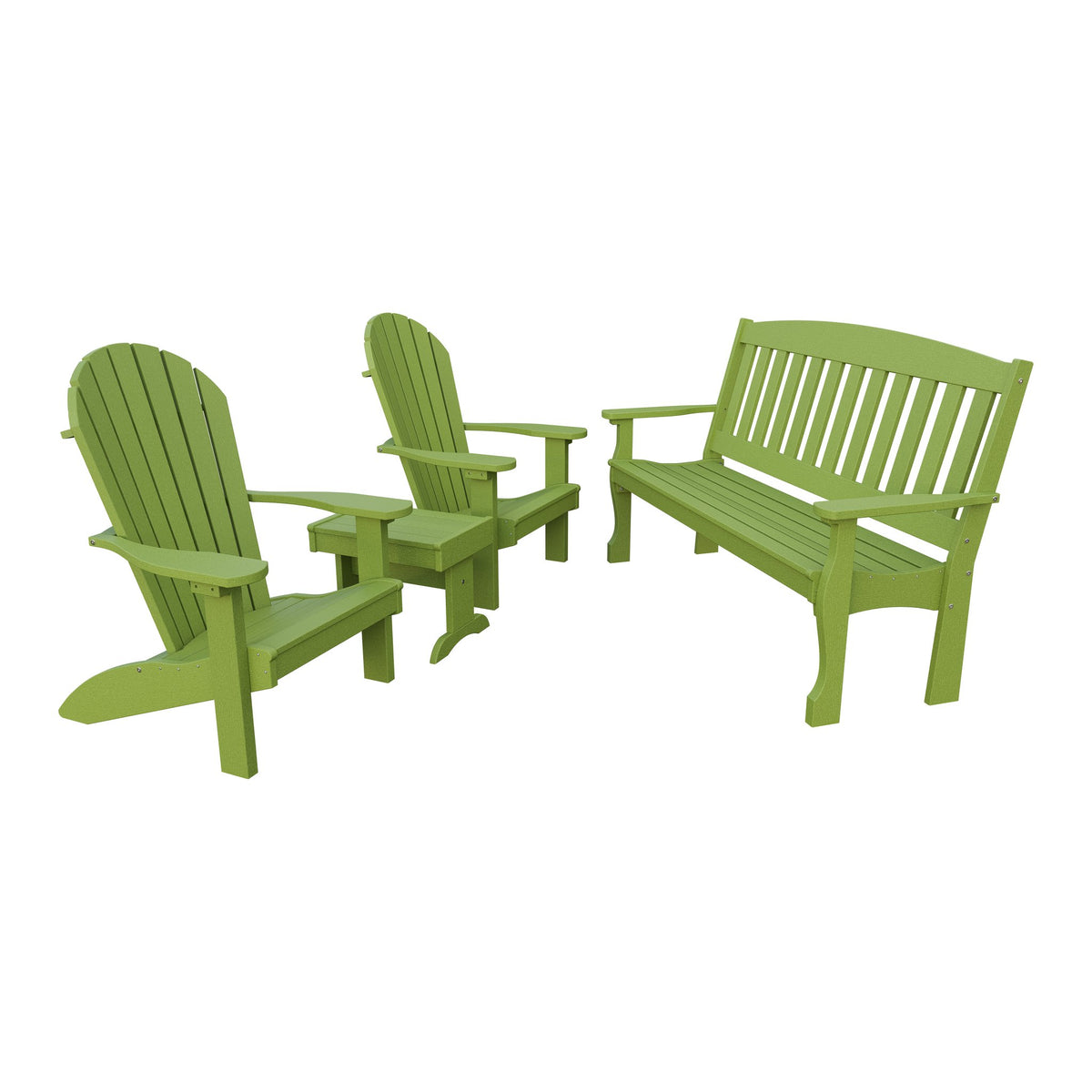 Amish Spanish Garden 4pc Patio Set: 5' Bench, 2 Adirondack Chairs & End Table in Tropical Lime Green