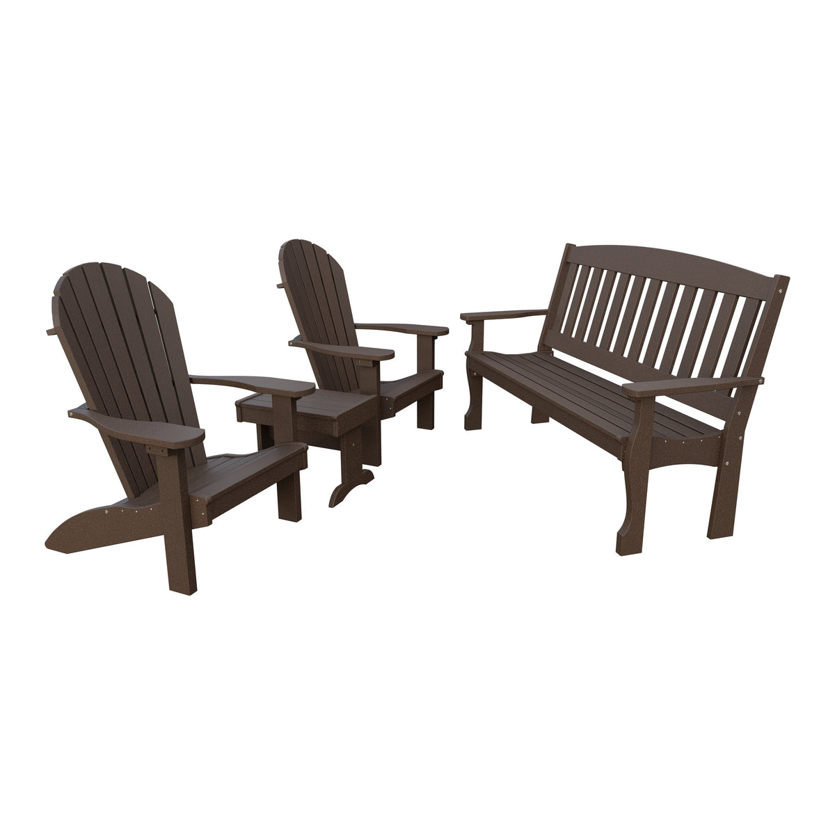 Amish Spanish Garden 4pc Patio Set: 5' Bench, 2 Adirondack Chairs & End Table in Milwaukee Brown