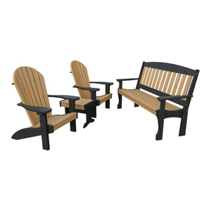 Amish Spanish Garden 4pc Patio Set: 5' Bench, 2 Adirondack Chairs & End Table in Natural Teak & Black