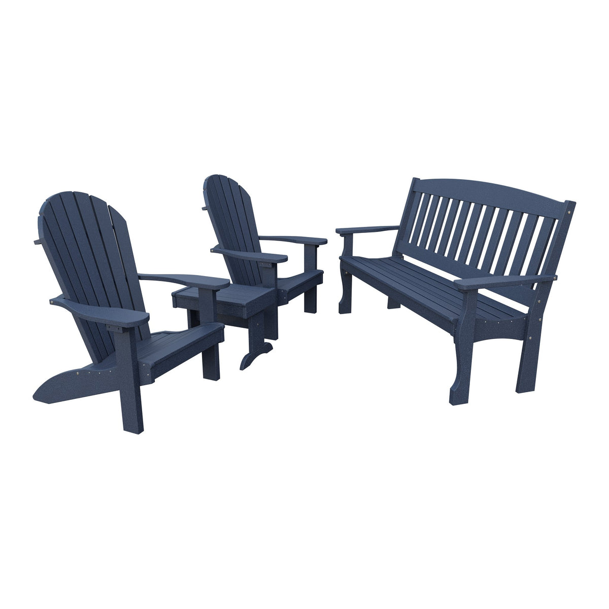 Amish Spanish Garden 4pc Patio Set: 5' Bench, 2 Adirondack Chairs & End Table in Patriot Blue
