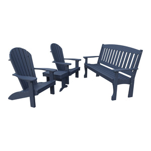 Amish Spanish Garden 4pc Patio Set: 5' Bench, 2 Adirondack Chairs & End Table in Patriot Blue