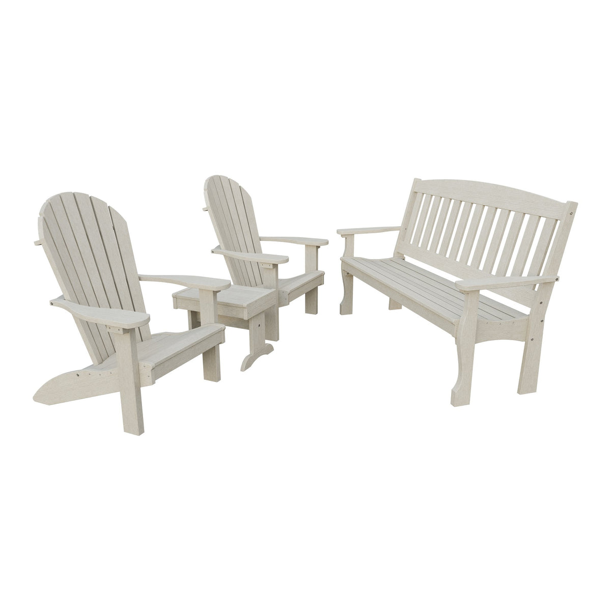 Amish Spanish Garden 4pc Patio Set: 5' Bench, 2 Adirondack Chairs & End Table in Seashell