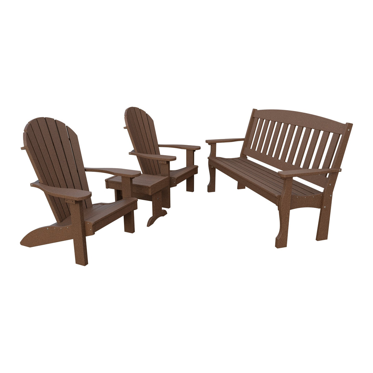 Amish Spanish Garden 4pc Patio Set: 5' Bench, 2 Adirondack Chairs & End Table in Tudor Brown