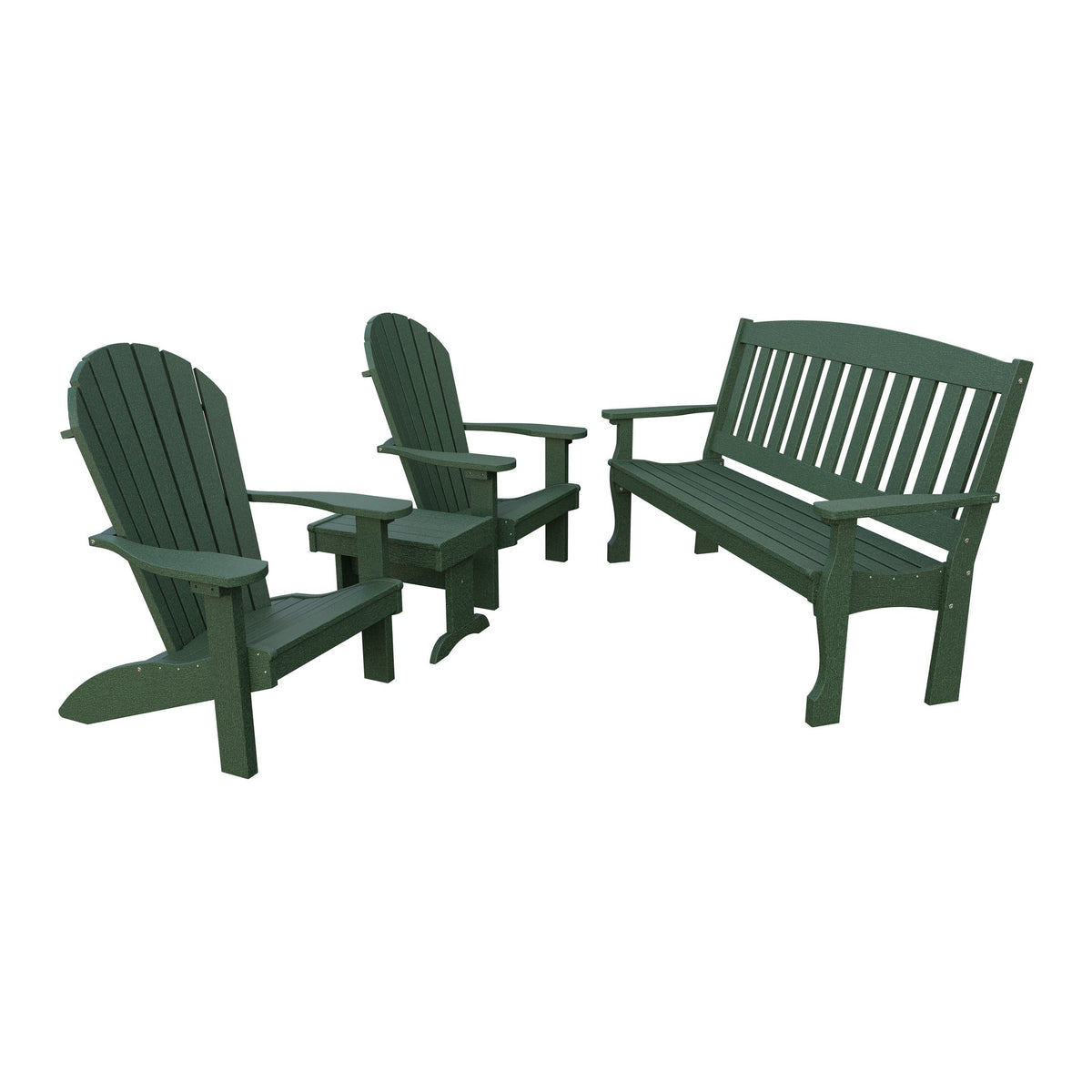 Amish Spanish Garden 4pc Patio Set: 5' Bench, 2 Adirondack Chairs & End Table in Turf Green
