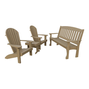 Amish Spanish Garden 4pc Patio Set: 5' Bench, 2 Adirondack Chairs & End Table in Weathered Wood