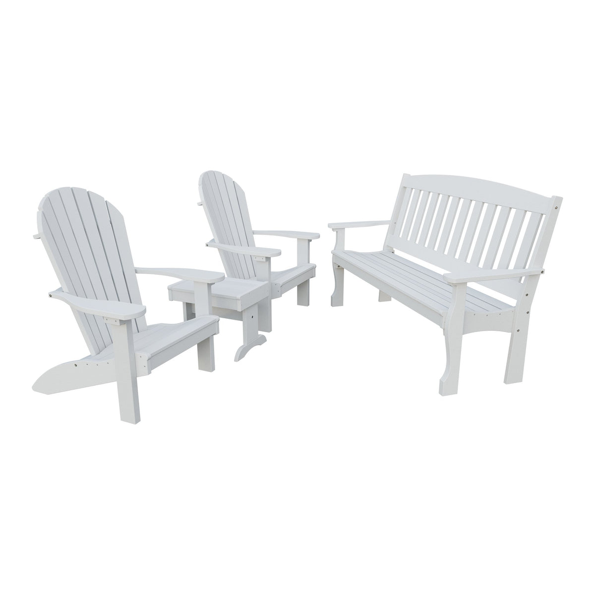 Amish Spanish Garden 4pc Patio Set: 5' Bench, 2 Adirondack Chairs & End Table in Bright White