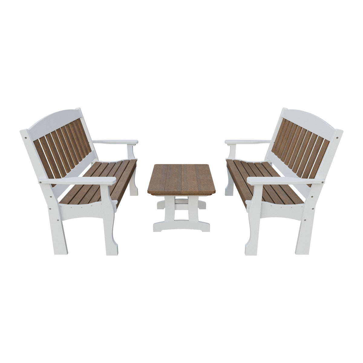 Amish Spanish Garden 3-Piece Patio Set: 2 Benches & Coffee Table in Antique Mahogany & White