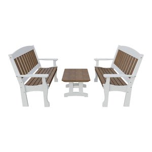 Amish Spanish Garden 3-Piece Patio Set: 2 Benches & Coffee Table in Antique Mahogany & White