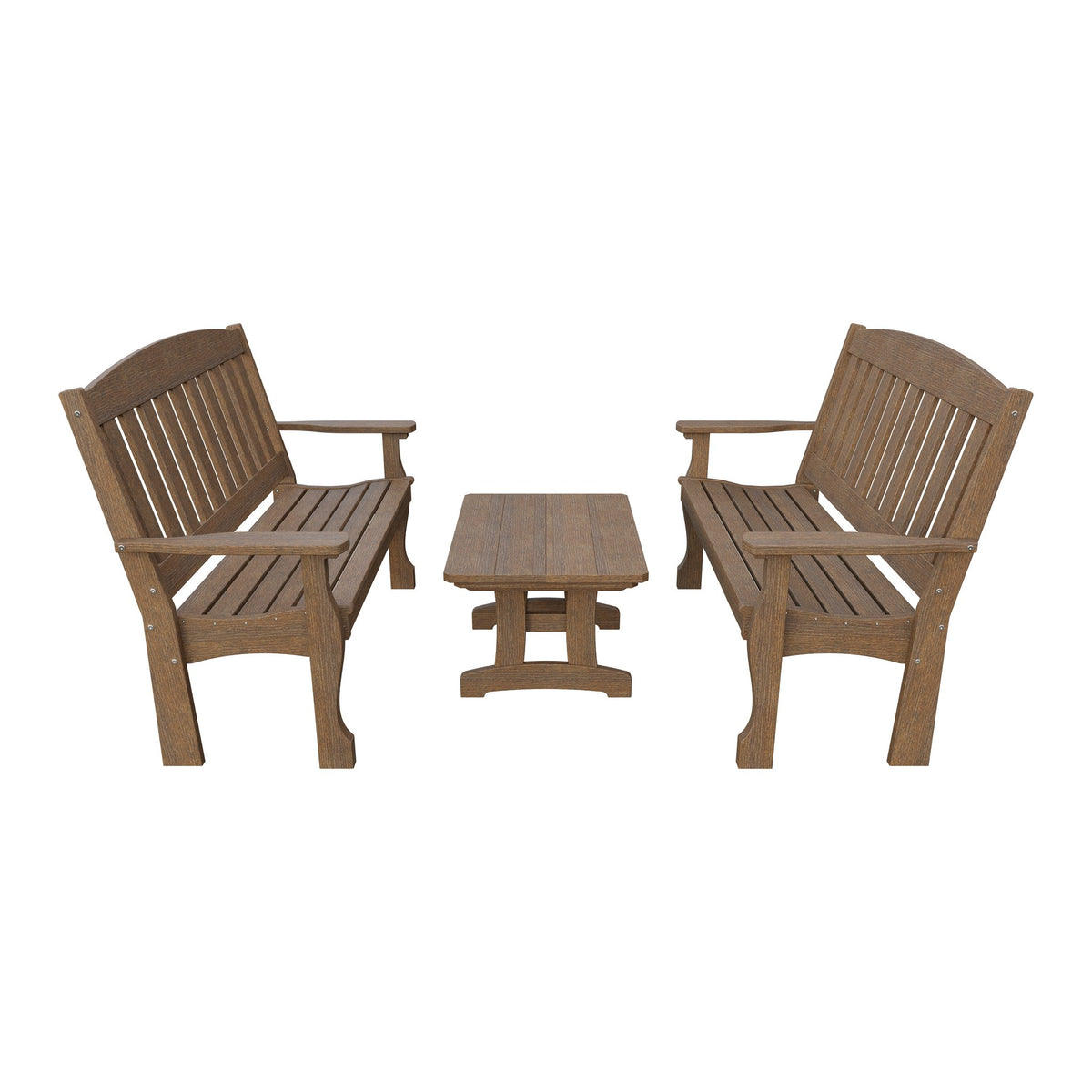 Amish Spanish Garden 3-Piece Patio Set: 2 Benches & Coffee Table in Antique Mahogany