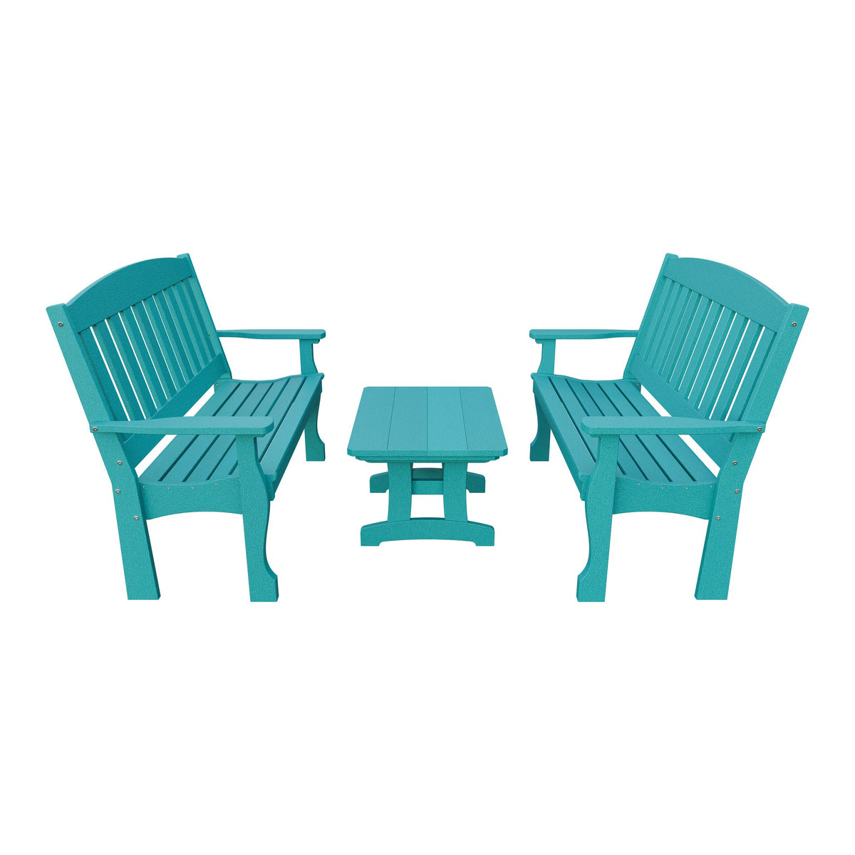 Amish Spanish Garden 3-Piece Patio Set: 2 Benches & Coffee Table in Aruba Blue